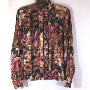 E J Harper Brown Black Rose Green Floral  Dress Suit Blouse Size 6